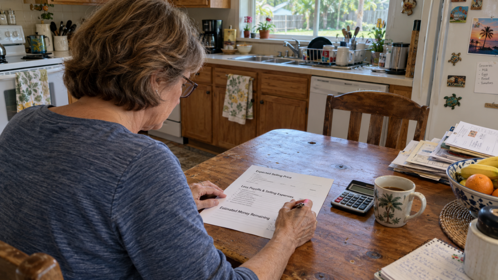 Homeowner reviewing estimated home sale proceeds at a kitchen table.
